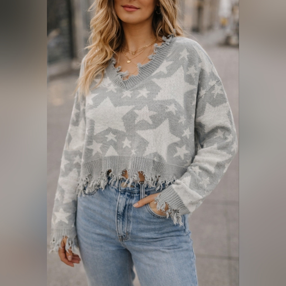 Gray Star Grunge Distressed Cropped Sweater